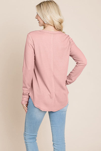 Casual Comfy Knit Waffle Pullover Raw Edge Tops