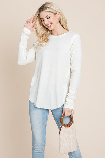 Casual Comfy Knit Waffle Pullover Raw Edge Tops