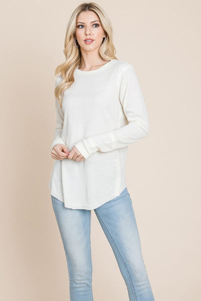 Casual Comfy Knit Waffle Pullover Raw Edge Tops