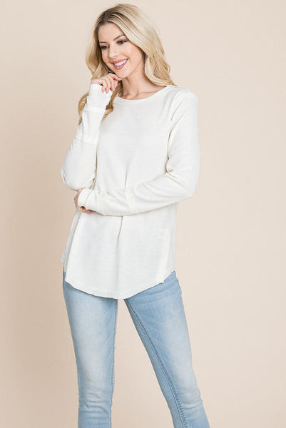 Casual Comfy Knit Waffle Pullover Raw Edge Tops