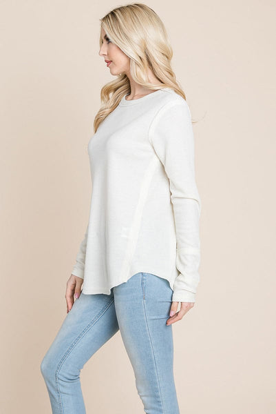 Casual Comfy Knit Waffle Pullover Raw Edge Tops