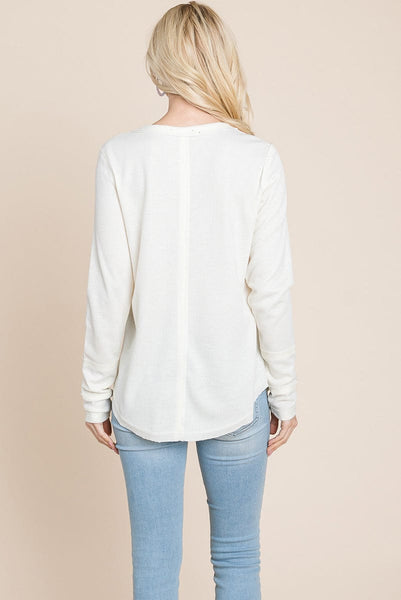 Casual Comfy Knit Waffle Pullover Raw Edge Tops
