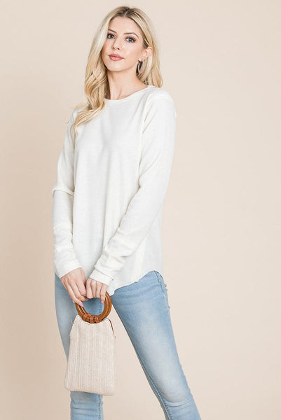 Casual Comfy Knit Waffle Pullover Raw Edge Tops