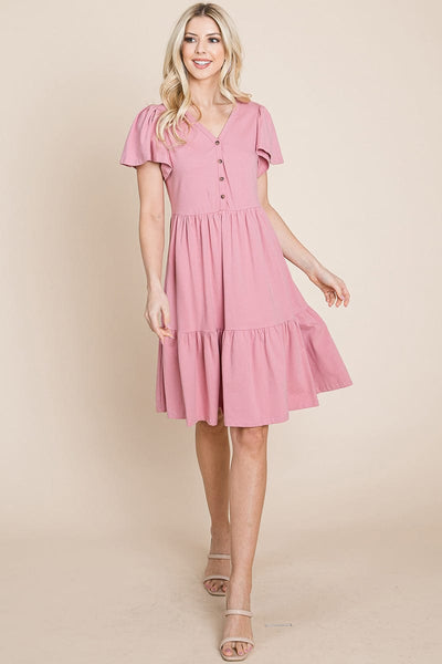 V Neck Cotton Tiered Front Buttons Babydoll dress