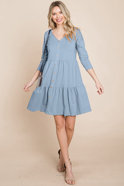 V neck Button Front Tiered Babydoll dress