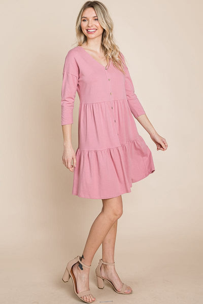 V neck Button Front Tiered Babydoll dress