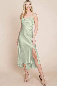 Satin Strap Split Thigh Slip Midi Dress