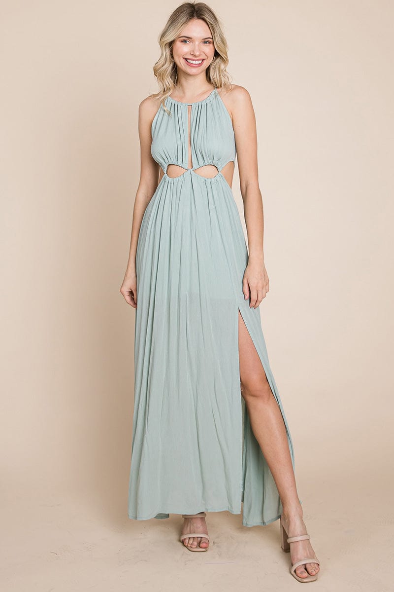 Split Front Cut Out Halter Maxi Dress Sage / Small 4-6