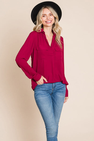 V neck Collared Pocket Detail Blouse Shirts