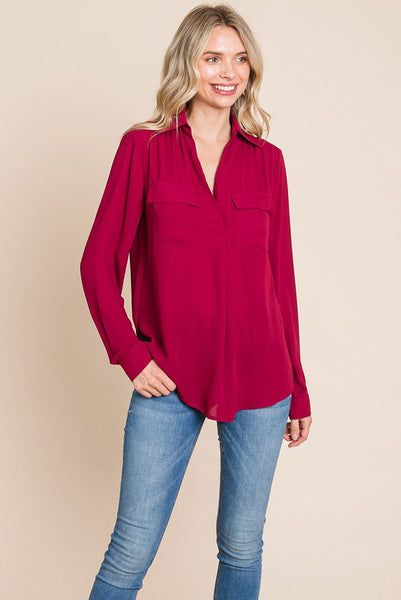 V neck Collared Pocket Detail Blouse Shirts