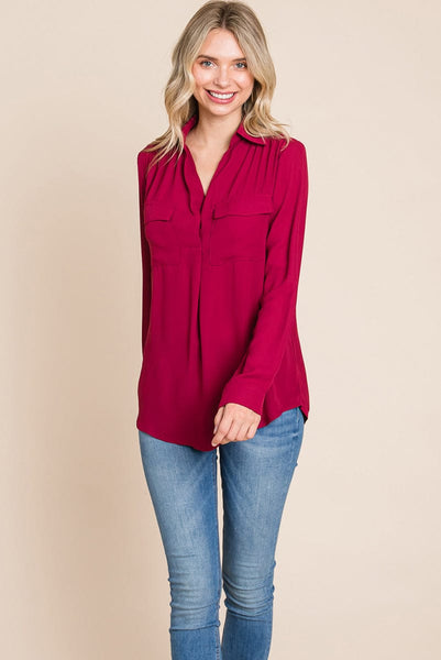 V neck Collared Pocket Detail Blouse Shirts