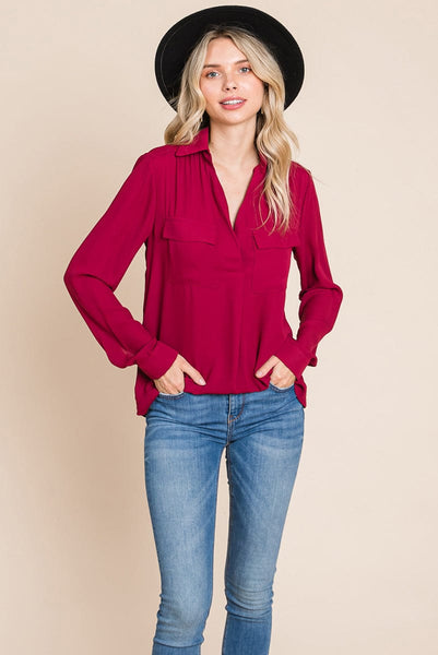 V neck Collared Pocket Detail Blouse Shirts