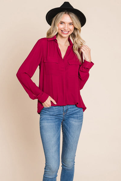 V neck Collared Pocket Detail Blouse Shirts