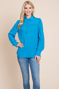 Collared Long Sleeve Pleated Detail Blouse Tops