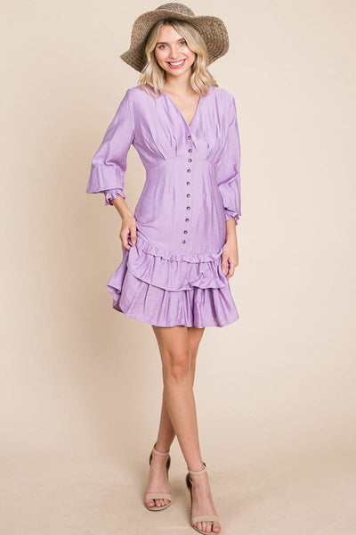 Tiered Hem Button Down Smocked Sleeve Dress