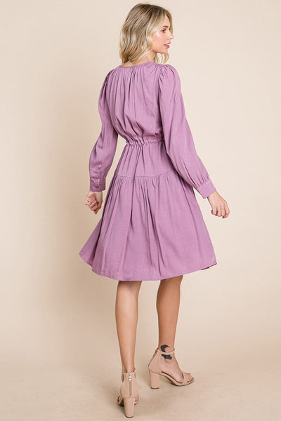 Long Sleeve Tiered Waist String Ruched Dress