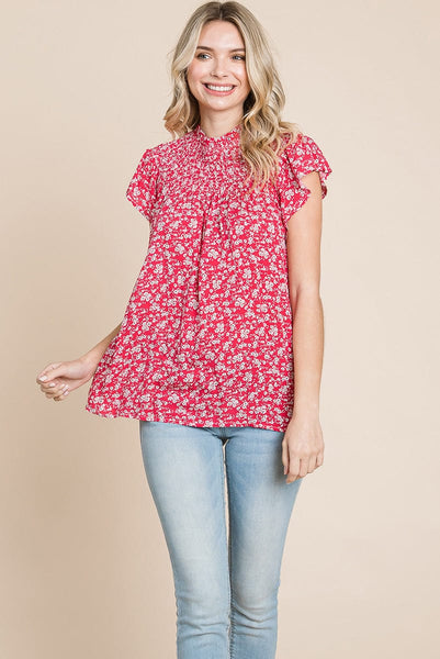 Smocked Neck Flutter Sleeve Floral Printed Tops