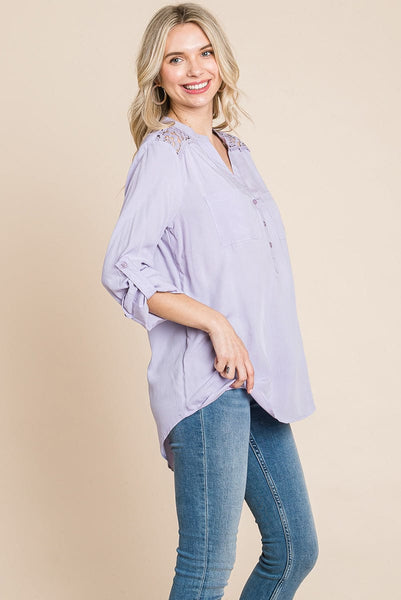 V neck Lace Long Sleeve Cotton Blouse Tops