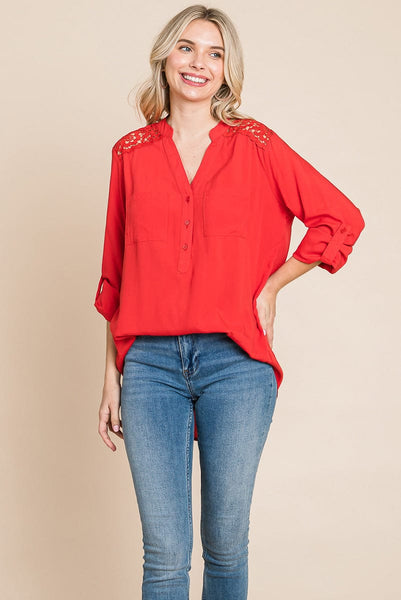 V neck Lace Long Sleeve Cotton Blouse Tops