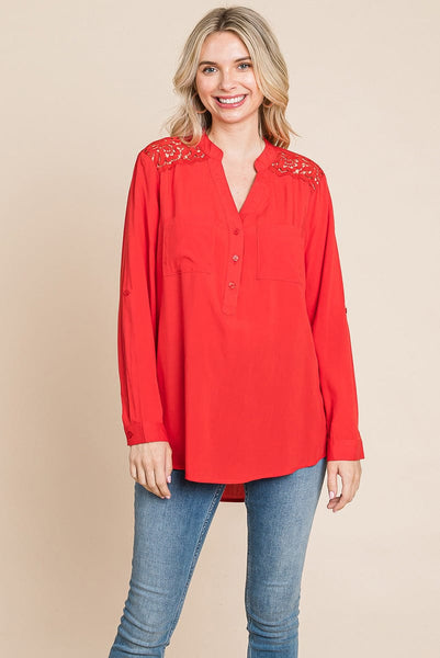 V neck Lace Long Sleeve Cotton Blouse Tops