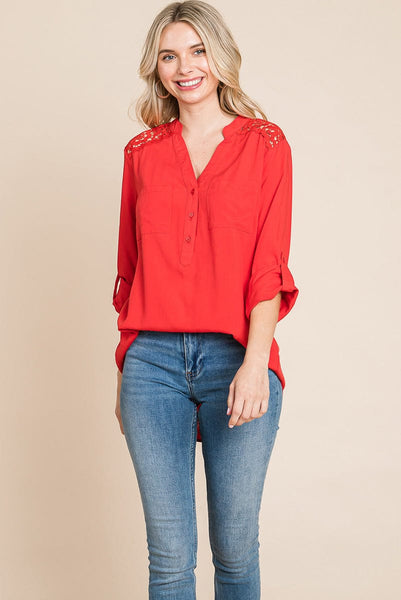 V neck Lace Long Sleeve Cotton Blouse Tops